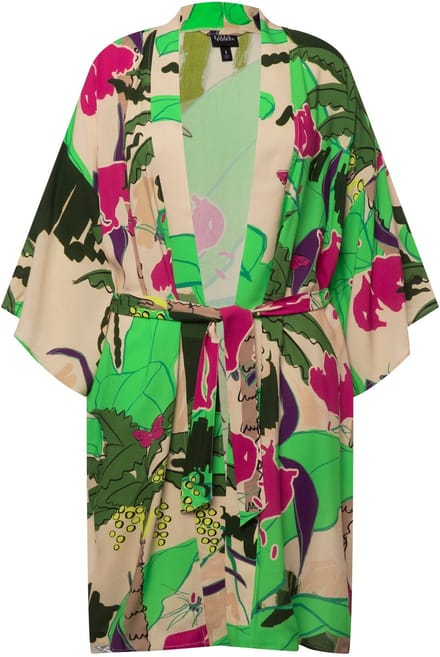 Ulla Popken - Dames - Kimono palmen strikceintuur 3/4-mouwen - Peterselie - Maat 1+