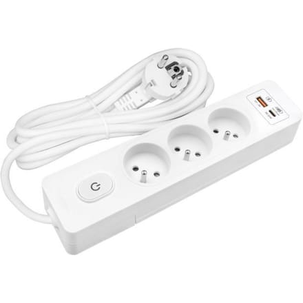 Stekkerdoos SELDUR G3FH52B, 3 stopcontacten type E + schakelaar, USB A+C snelladen 20W, Wit, 5m kabel wit