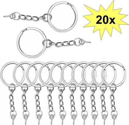 Fako Bijoux - Sleutelringen Met Schroefje - Sleutelhanger Ringen - Splitringen Met Ketting - RVS - Plat - 30 mm - 20 Stuks