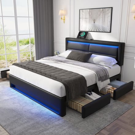 REDOM Ledikant 140x200 cm – PU zwart – Met draadloos laden, LED & 4 laden – Modern