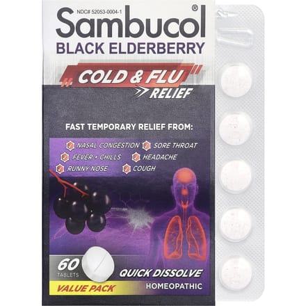 Sambucol, zwarte vlierbes, verlichting bij verkoudheid en griep, 60 tabletten