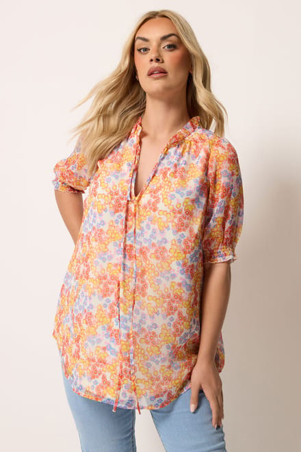 Yours Witte Blouse Met Bloemenprint En Ruches Bij De Hals Size 44