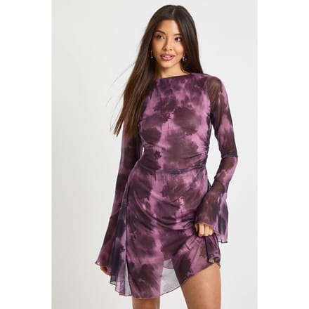 boohoo Dames Wazig Bloemen Mesh A-Lijn Mini Jurk | Mauve | Maat: 8