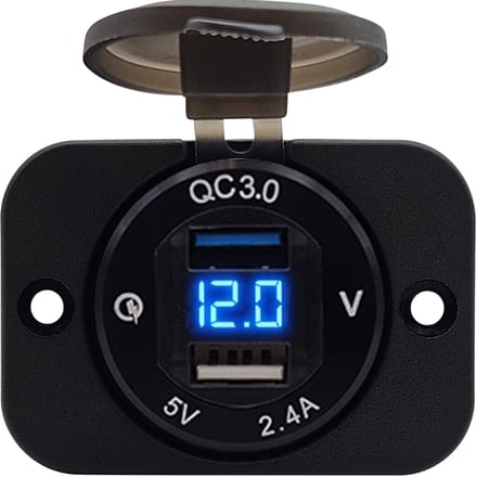 ProRide 12V USB Stopcontact 2 Poorten Inbouw met Voltmeter - 5V/2.4A - DS2114B - USB Autolader, Boot en Camper - Complete set - Blauw