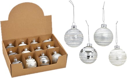 G. Wurm Kerstballen set - 12x stuks - glas - zilver - luxe gedecoreerd - 6 cm - kerstversiering