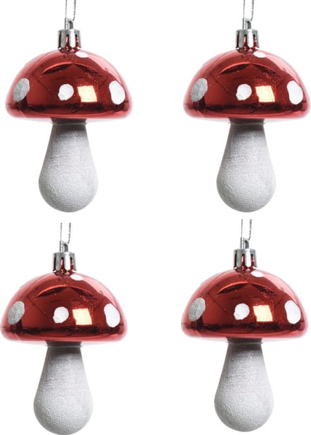 Decoris Kersthangers - 4x - rood - paddenstoelen - 7 cm - kerstversiering - Rode kerstversiering/boomversiering
