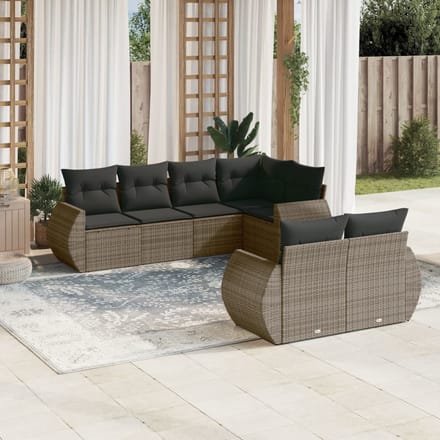 vidaXL - 7-delige - Loungeset - met - kussens - poly - rattan - grijs