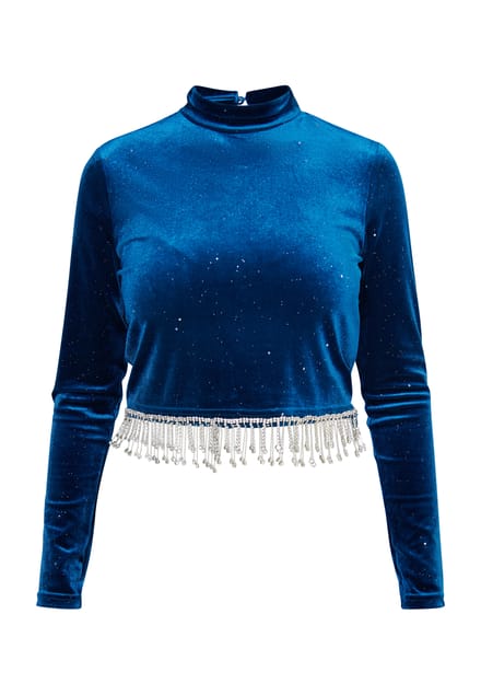 Faina Glittershirt van stretchfluweel Dames Smaragdblauw