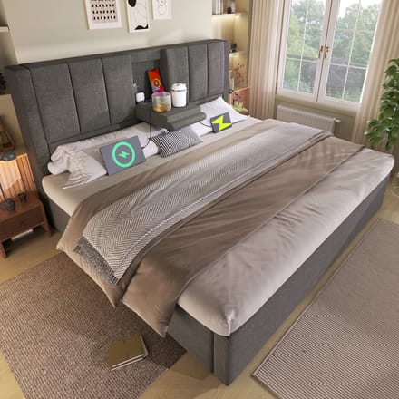 MODFU Bedframe 140x190 cm – Linnen met verborgen bekerhouder & laadstation – Hydraulisch – Grijs