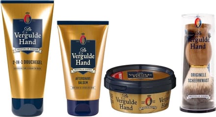 Vergulde Hand 4 Delige Set - After Shave Balsem / Orginele Scheerkwast / Scheerzeep / Douchegel