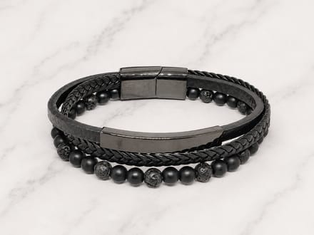 Mei's - Hide Onyx Leather - armband heren - leer/RVS zwart - polsmaat 18 cm