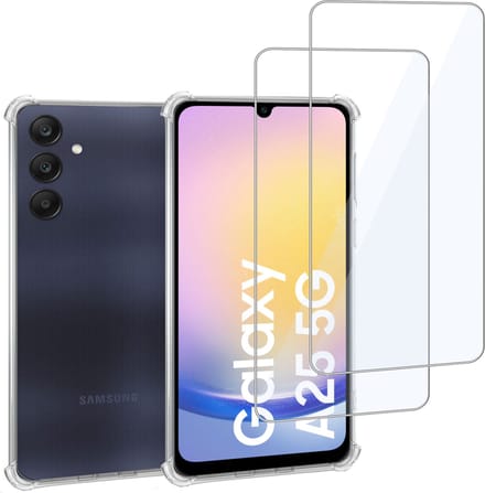 Geschikt voor Samsung Galaxy A25 - Hoesje + 2x Screenprotector – Gehard Glas Cover + Shock Proof Case – Transparant