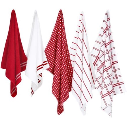 W5 Theedoek- en handdoekset, 5-delig. (Rood/grijs)