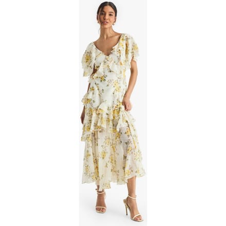 boohoo Dames Bloemen Ruffle Midi Jurk | Ivoor | Maat: 36