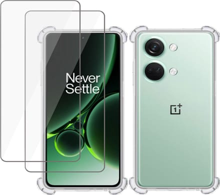 Hoesje geschikt voor OnePlus Nord 3 + 2x Screenprotector – Tempered Glass - Extreme Shock Case Transparant