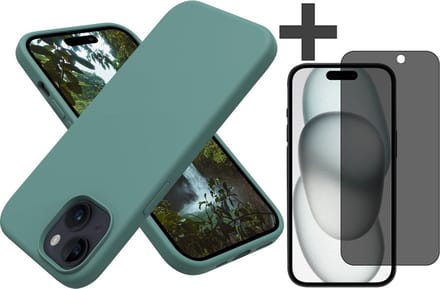 Hoesje met Privacy Screenprotector Geschikt voor iPhone 15 Hoesje Siliconen - liquid case - Arara Backcover - Groen