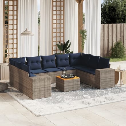 vidaXL - 10-delige - tuinbankset - met - kussens, - grijs - polyrotan