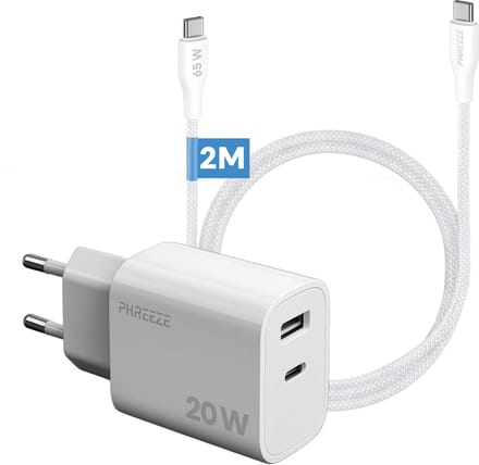 Phreeze usb c adapter 20w met usb c naar usb c kabel 2 meter - Snellader met 2 usb poorten - Wit