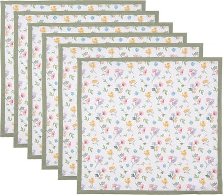 Clayre & Eef Servetten Katoen Set van 6 40x40 cm Wit Groen Vierkant Bloemen