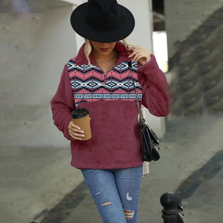 Herfst en Winter Dames Pluche Lange Mouw Losse Pullover Bedrukt Opstaande Kraag Zak Half Rits Sweatshirt S paars