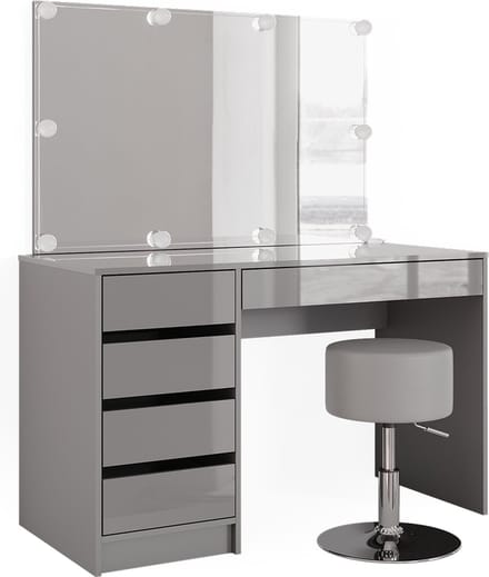 Vicco Kaptafel set met kruk Sherry, Grijs, 120 cm met spiegel, LED-lichtslinger en kruk