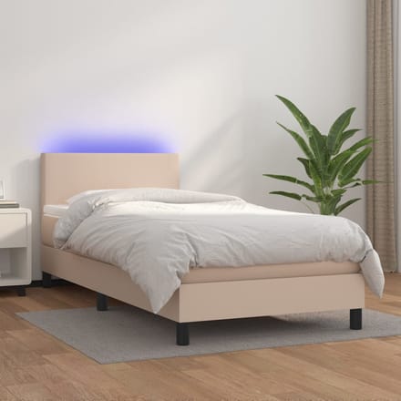 vidaXL - Boxspring - met - matras - en - LED - kunstleer - cappuccinokleur - 90x200 - cm