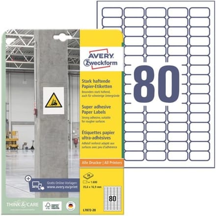 Etiket Avery zelfklevend 35 - 6x16 - 9mm wit permanent 20 vel 80 etiketten per vel