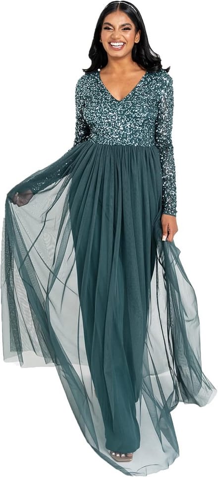 Elegante Maxi Jurk Lange Mouwen Bruiloftsgast V-Hals Empire Taille Avondjurk