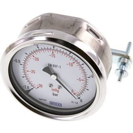 -1..0 Bar Paneelmontage Manometer Staal/Messing 100 mm Klasse 1.0 (Beugel) - MW-10100SH-TP