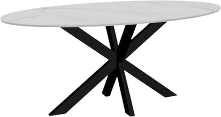 Ovale Eettafel 180cm Marmerlook Wit Stoer Industrieel Onderstel