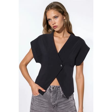 Effen V-hals Korte Mouwen Blouse met Knopen Sluiting