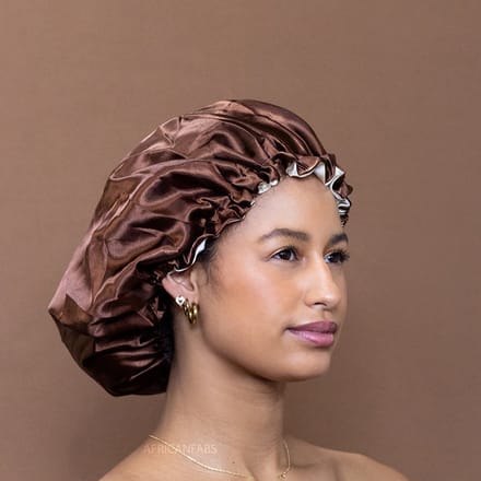 Satijnen slaapmuts – Verstelbare Bonnet van dubbellaags Satijn – Bruin – AfricanFabs®