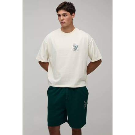 Oversized Boxy T-shirt Met Wijnborduursel & Wijde Korte Broek Set | Forest | Size Medium