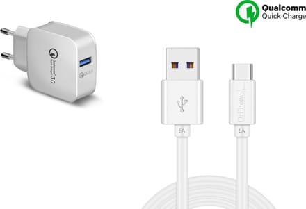 DrPhone Infinity Set Kabel + Lader 2 Meter USB-C Oplaadkabel + 18W Oplaadstekker - Wit