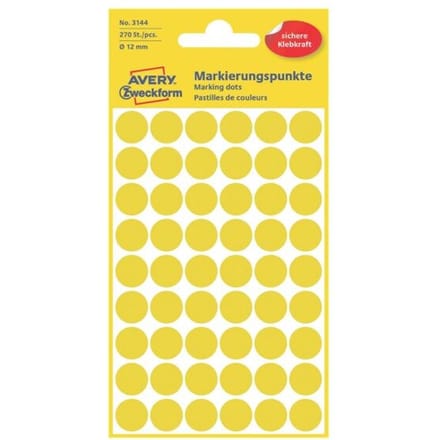 Etiket avery zweckform 3144 rond 12mm geel 270 Etiketten