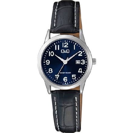 Q&Q-dames-horloge-datum-model a45a-005py-blauwe wijzerplaat-zwart leder-3 atm waterdicht-diameter 30 mm