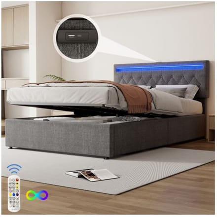 Lit - MUVOE - 140x200cm - Rembourré - Éclairage LED - Rangement sous le lit gris