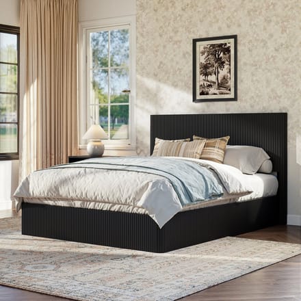 MODFU Opbergbed – 160x200 cm – Hydraulisch Liftmechanisme – Geribbeld Hoofdbord – Zwart