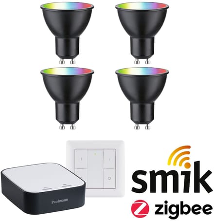 Paulmann Zigbee 3.0 Smart Home Startset Smik Gateway + Wandschakelaar + 4x LED Reflector GU10 RGBW - 2200K-6500K - 350lm - Dimbaar