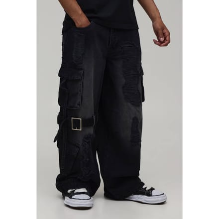 Extreme Gewassen Cargo Band Detail Baggy Jeans | Washed Charcoal | Size 30R