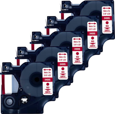 DULA Dymo D1 40915 - S0720700 - Compatible label tape - 5 lettertapes - Rood op wit - 9mm x 7m