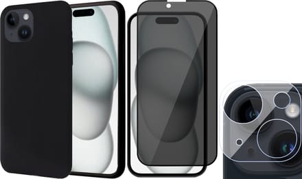 Hoesje geschikt voor iPhone 15 Plus - Privacy Screenprotector FullGuard & Camera Lens Screen Protector - Back Cover Case SoftTouch Zwart