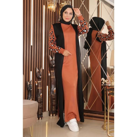 Met patroon Sleeve Gebreid Jurk Beige-bruin