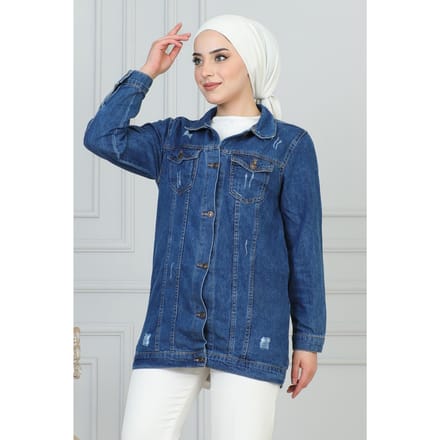Laser Detailed Denim Jasje Blauw