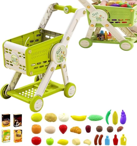 Kinder Speelgoed Winkelwagen - Rollenspel Winkel - Leren Sorteren - Inclusief 30 Accessoires - 33 x 15 x 27 cm