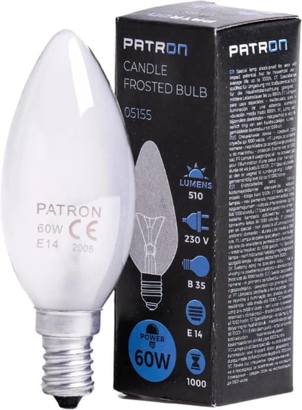 Patron E14 Kaars Gloeilamp | 60W 2700K 510Lm Mat | Dimbaar