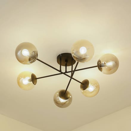 Lindby - plafondlamp - 6lichts - Ijzer, glas - H: 28 cm - E14 - zwart, rookgrijs