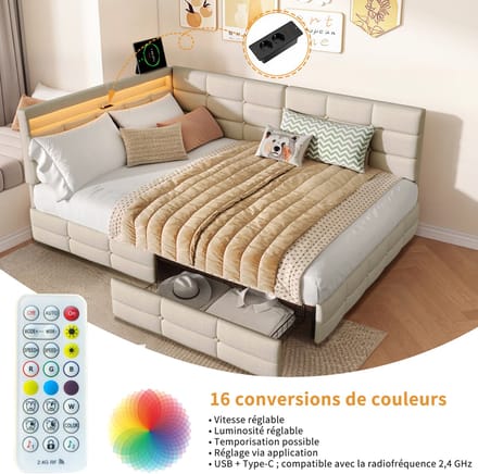 Upholstered sofa bed, 140x190 cm, with LED light and USB port, storage bed frame, two drawers, double bed, youth bed, linen fabric, beige