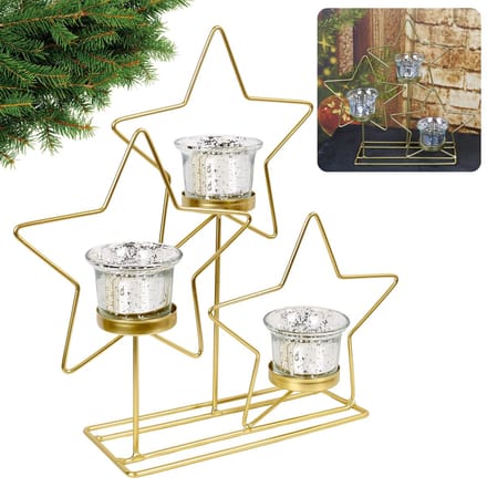 Gouden metalen waxinelichthouder, sterren 29cm