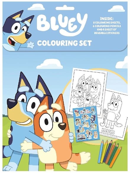 Bluey - Kleurset - 8 Kleurplaten - 6 Potloden & Grote Stickers